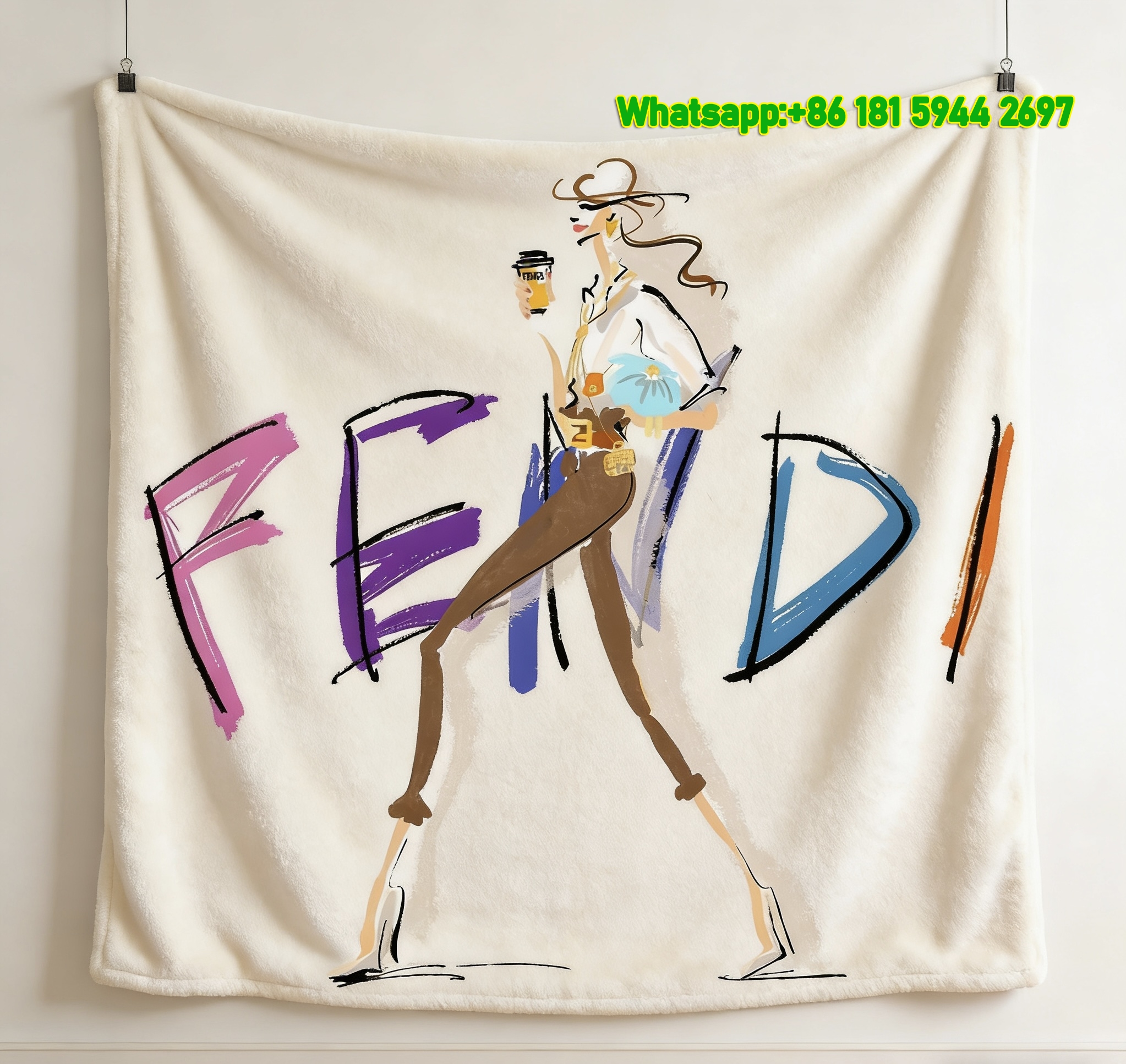 Fendi Colorful Brushstroke Letter Fashion Illustration Flannel Throw Blanket IMG_9600